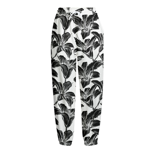 White And Black Lily Pattern Print Fleece Lined Knit Pants