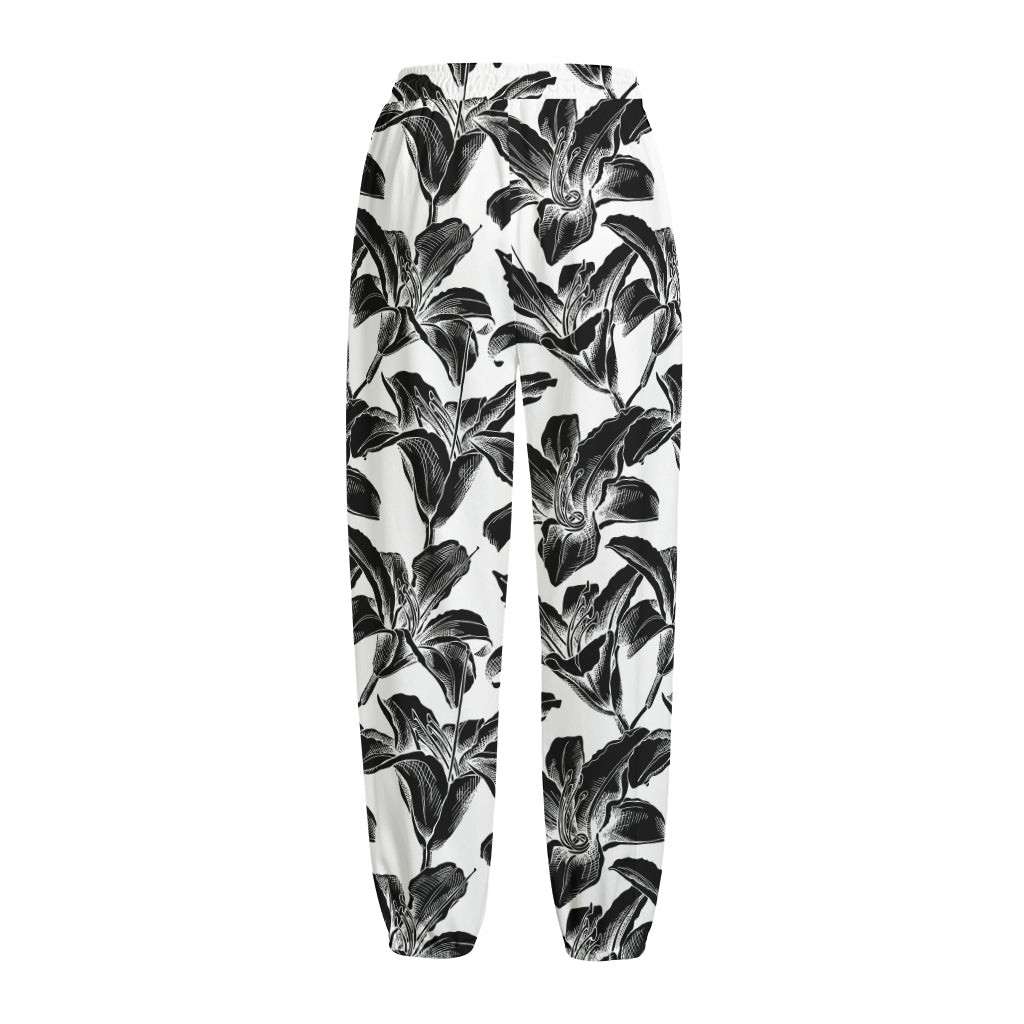 White And Black Lily Pattern Print Fleece Lined Knit Pants
