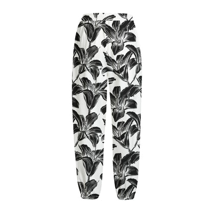 White And Black Lily Pattern Print Fleece Lined Knit Pants