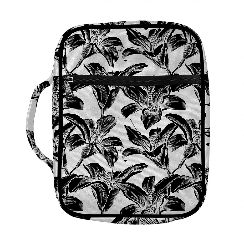 White And Black Lily Pattern Print Front Pocket Bible Bag