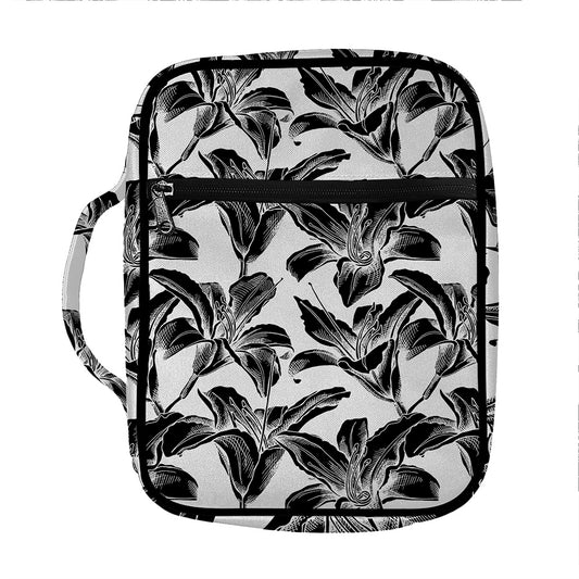 White And Black Lily Pattern Print Front Pocket Bible Bag