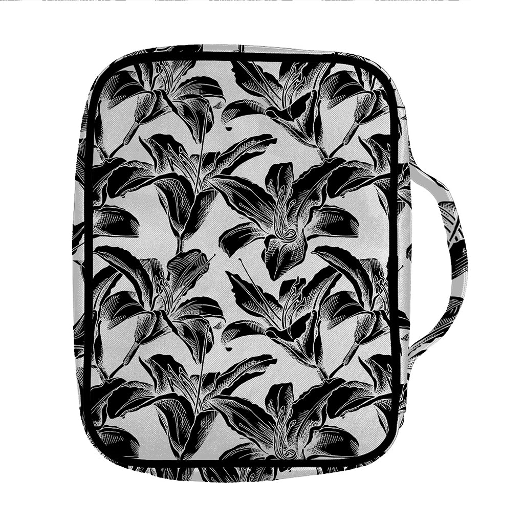 White And Black Lily Pattern Print Front Pocket Bible Bag