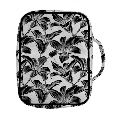 White And Black Lily Pattern Print Front Pocket Bible Bag