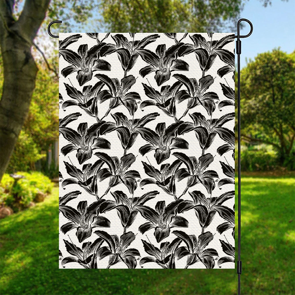 White And Black Lily Pattern Print Garden Flag