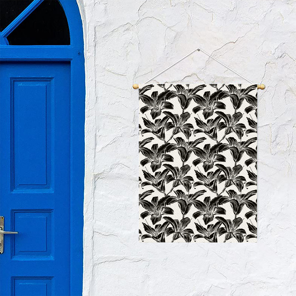 White And Black Lily Pattern Print Garden Flag