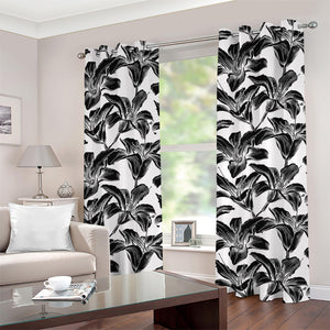 White And Black Lily Pattern Print Grommet Curtains