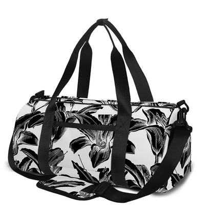 White And Black Lily Pattern Print Gym Bag