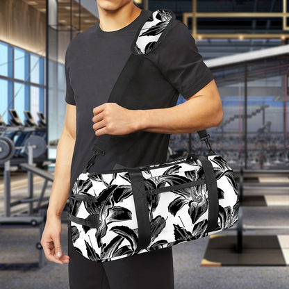 White And Black Lily Pattern Print Gym Bag