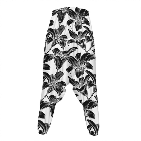 White And Black Lily Pattern Print Hammer Pants