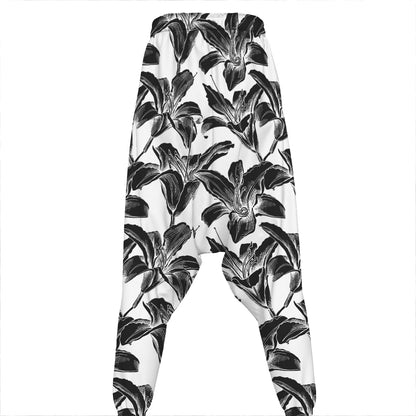 White And Black Lily Pattern Print Hammer Pants