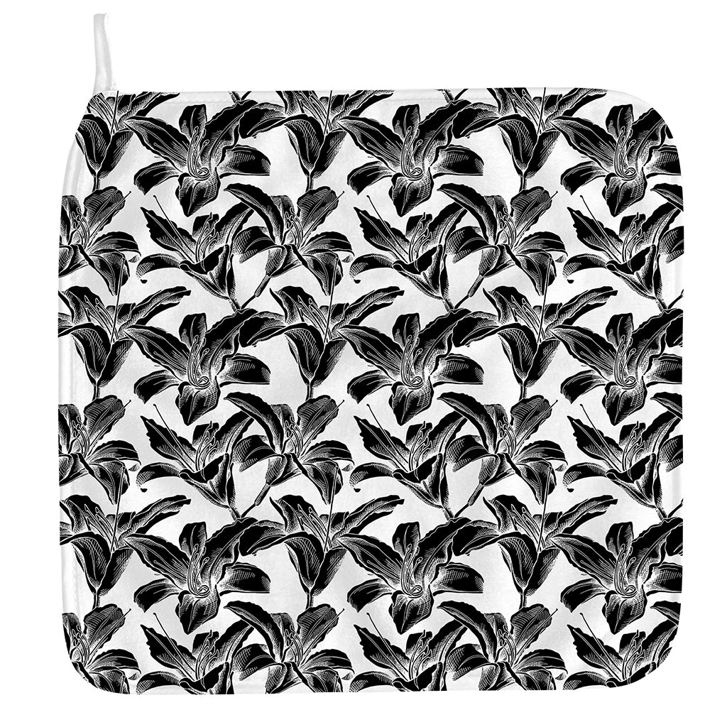 White And Black Lily Pattern Print Hand Towel