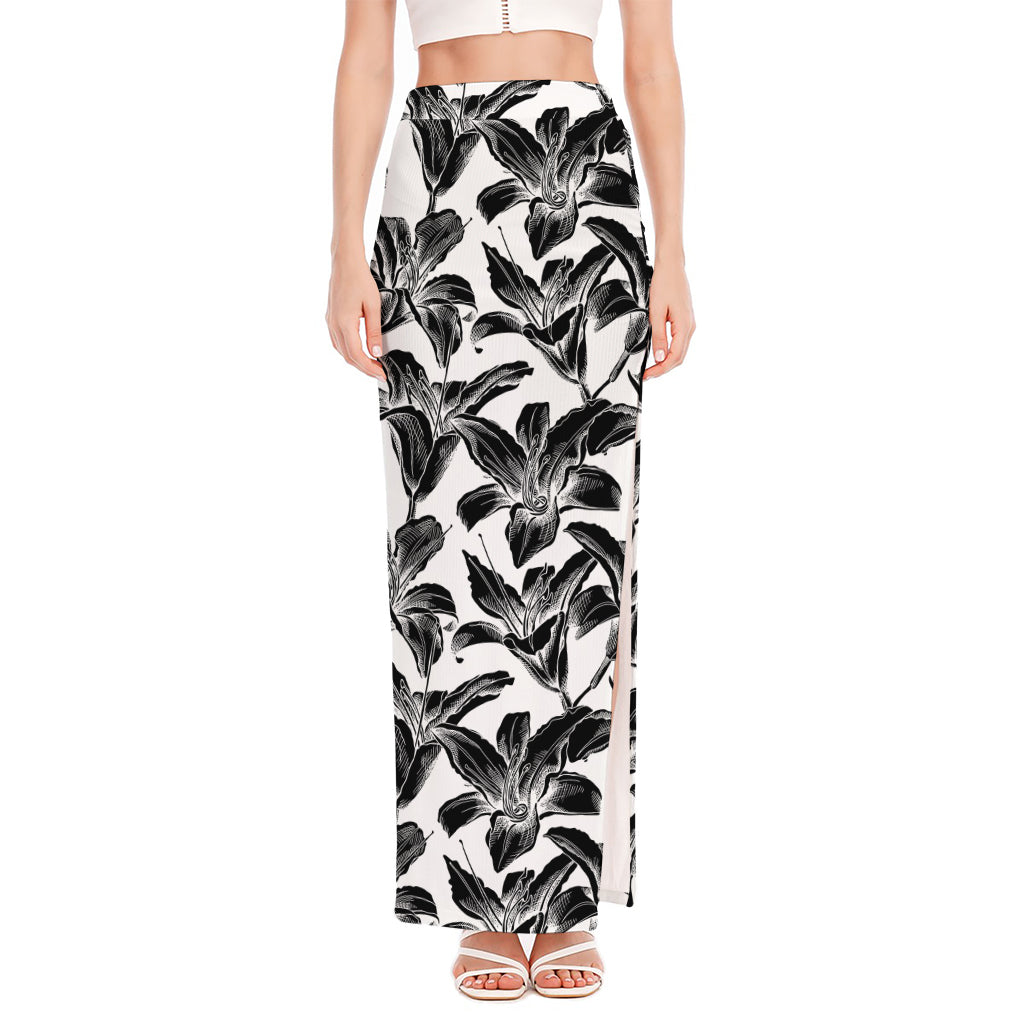 White And Black Lily Pattern Print High Slit Maxi Skirt
