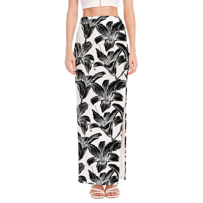 White And Black Lily Pattern Print High Slit Maxi Skirt