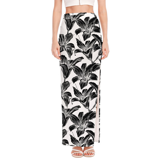 White And Black Lily Pattern Print High Slit Maxi Skirt