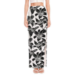 White And Black Lily Pattern Print High Slit Maxi Skirt