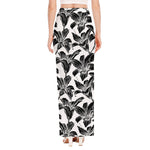 White And Black Lily Pattern Print High Slit Maxi Skirt