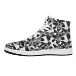 White And Black Lily Pattern Print High Top Leather Sneakers