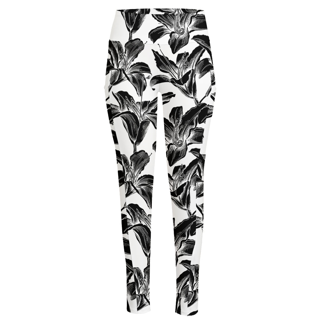 White And Black Lily Pattern Print High-Waisted Pocket Leggings