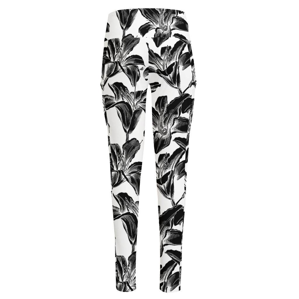 White And Black Lily Pattern Print High-Waisted Pocket Leggings