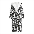 White And Black Lily Pattern Print Hooded Bathrobe