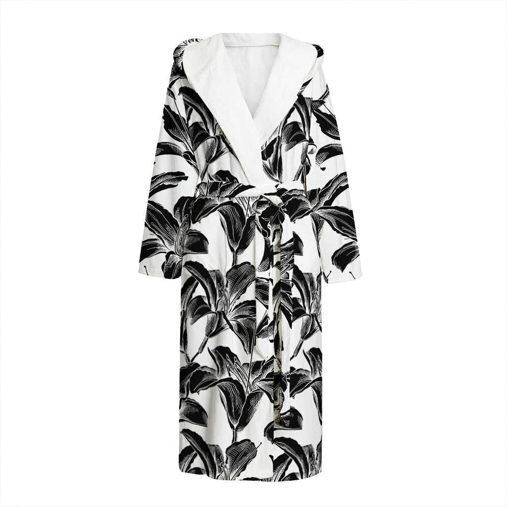 White And Black Lily Pattern Print Hooded Bathrobe