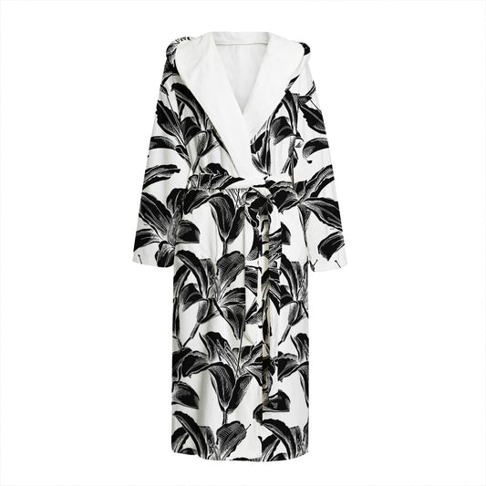 White And Black Lily Pattern Print Hooded Bathrobe