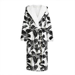 White And Black Lily Pattern Print Hooded Bathrobe