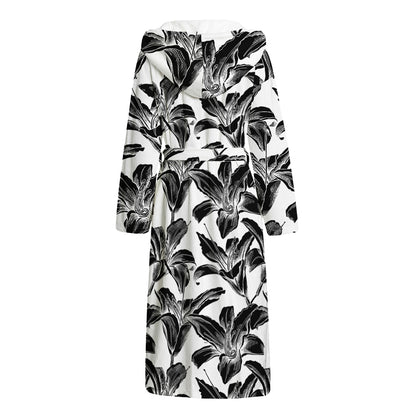 White And Black Lily Pattern Print Hooded Bathrobe