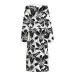 White And Black Lily Pattern Print Hooded Bathrobe