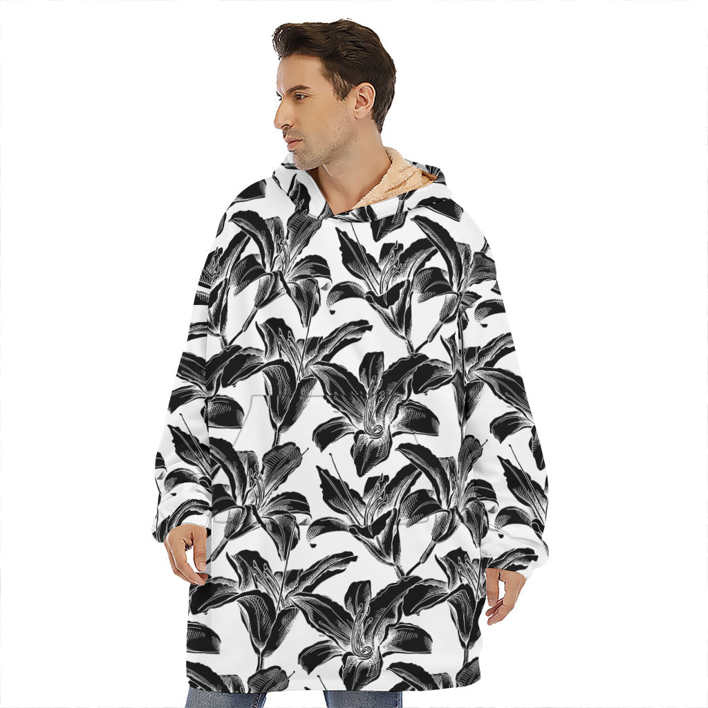 White And Black Lily Pattern Print Hoodie Blanket
