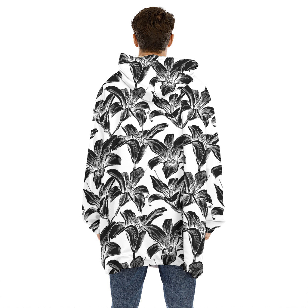 White And Black Lily Pattern Print Hoodie Blanket