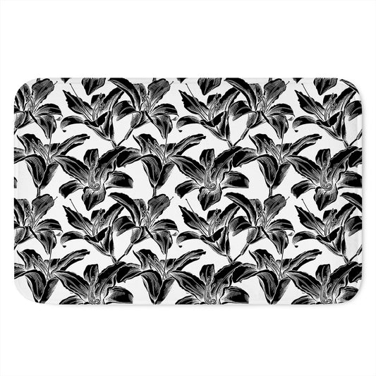 White And Black Lily Pattern Print Indoor Door Mat
