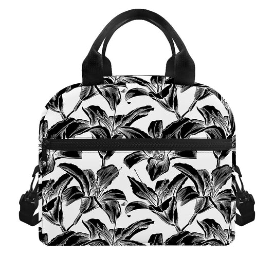 White And Black Lily Pattern Print Insulated Lunch Bag