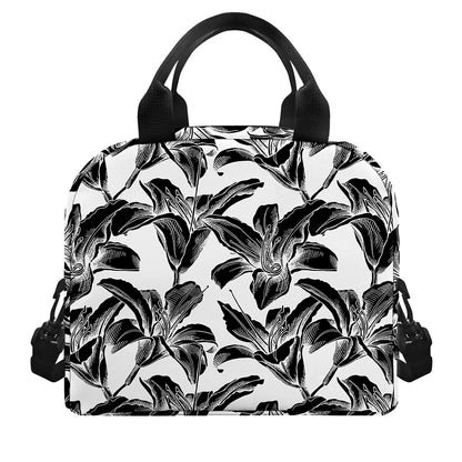 White And Black Lily Pattern Print Insulated Lunch Bag