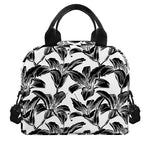 White And Black Lily Pattern Print Insulated Lunch Bag