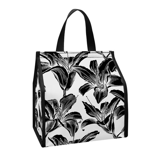 White And Black Lily Pattern Print Insulated Lunch Tote