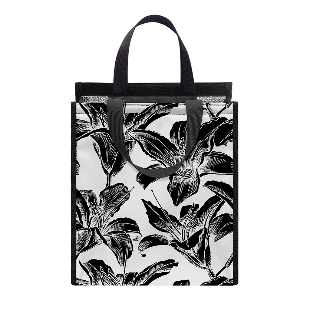 White And Black Lily Pattern Print Insulated Lunch Tote
