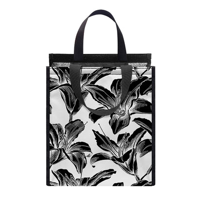 White And Black Lily Pattern Print Insulated Lunch Tote