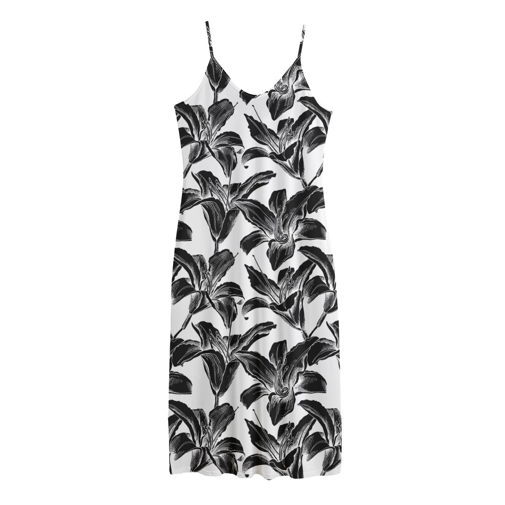 White And Black Lily Pattern Print Jersey Midi Cami Dress