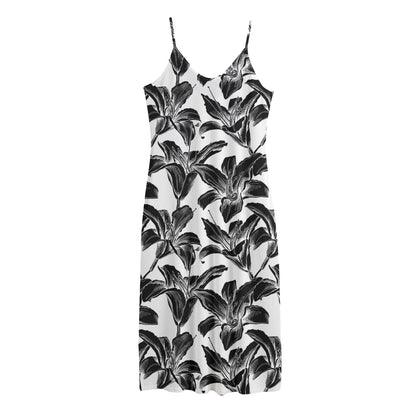 White And Black Lily Pattern Print Jersey Midi Cami Dress