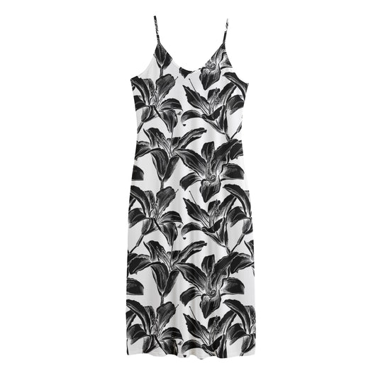 White And Black Lily Pattern Print Jersey Midi Cami Dress