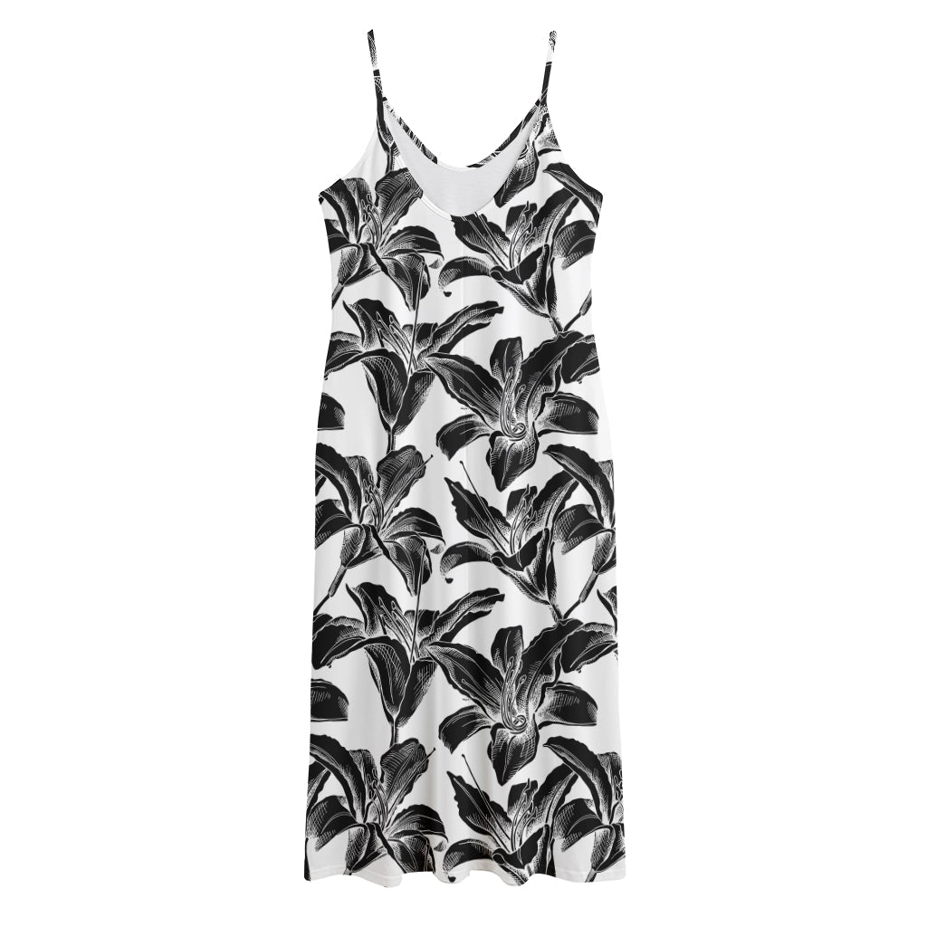 White And Black Lily Pattern Print Jersey Midi Cami Dress
