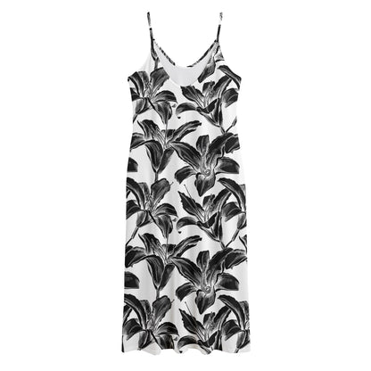 White And Black Lily Pattern Print Jersey Midi Cami Dress