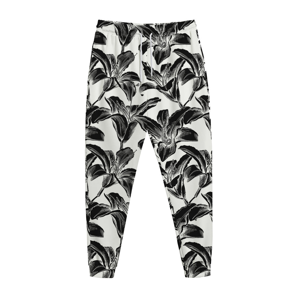 White And Black Lily Pattern Print Jogger Pants