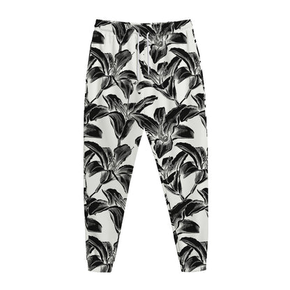 White And Black Lily Pattern Print Jogger Pants