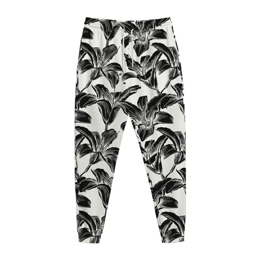 White And Black Lily Pattern Print Jogger Pants