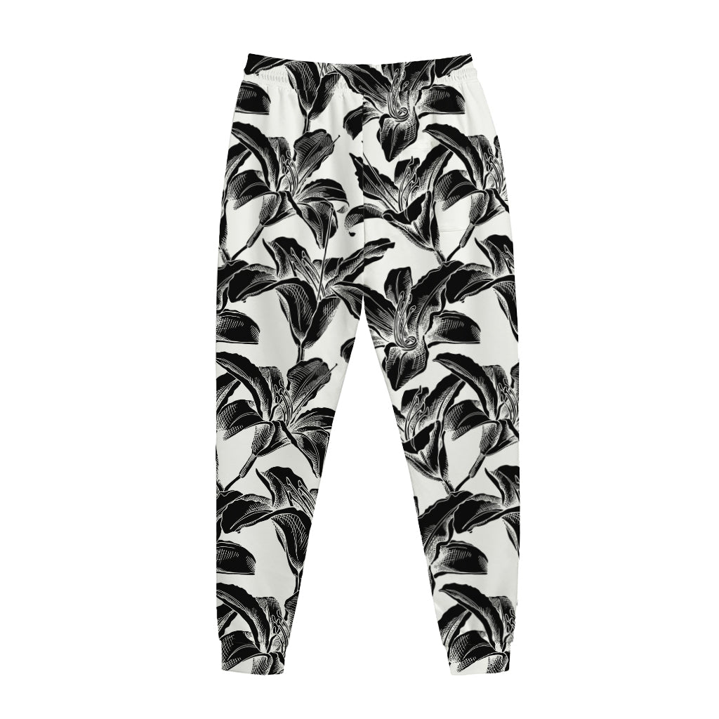 White And Black Lily Pattern Print Jogger Pants