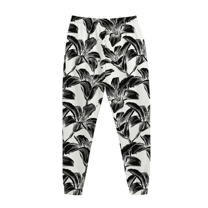 White And Black Lily Pattern Print Jogger Pants