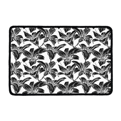 White And Black Lily Pattern Print Kitchen Mat