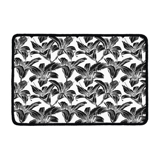 White And Black Lily Pattern Print Kitchen Mat
